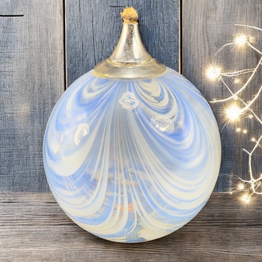 Vintage Pulled Feather Art Glass Oil Lamp Container Orb Blue White Dot Container